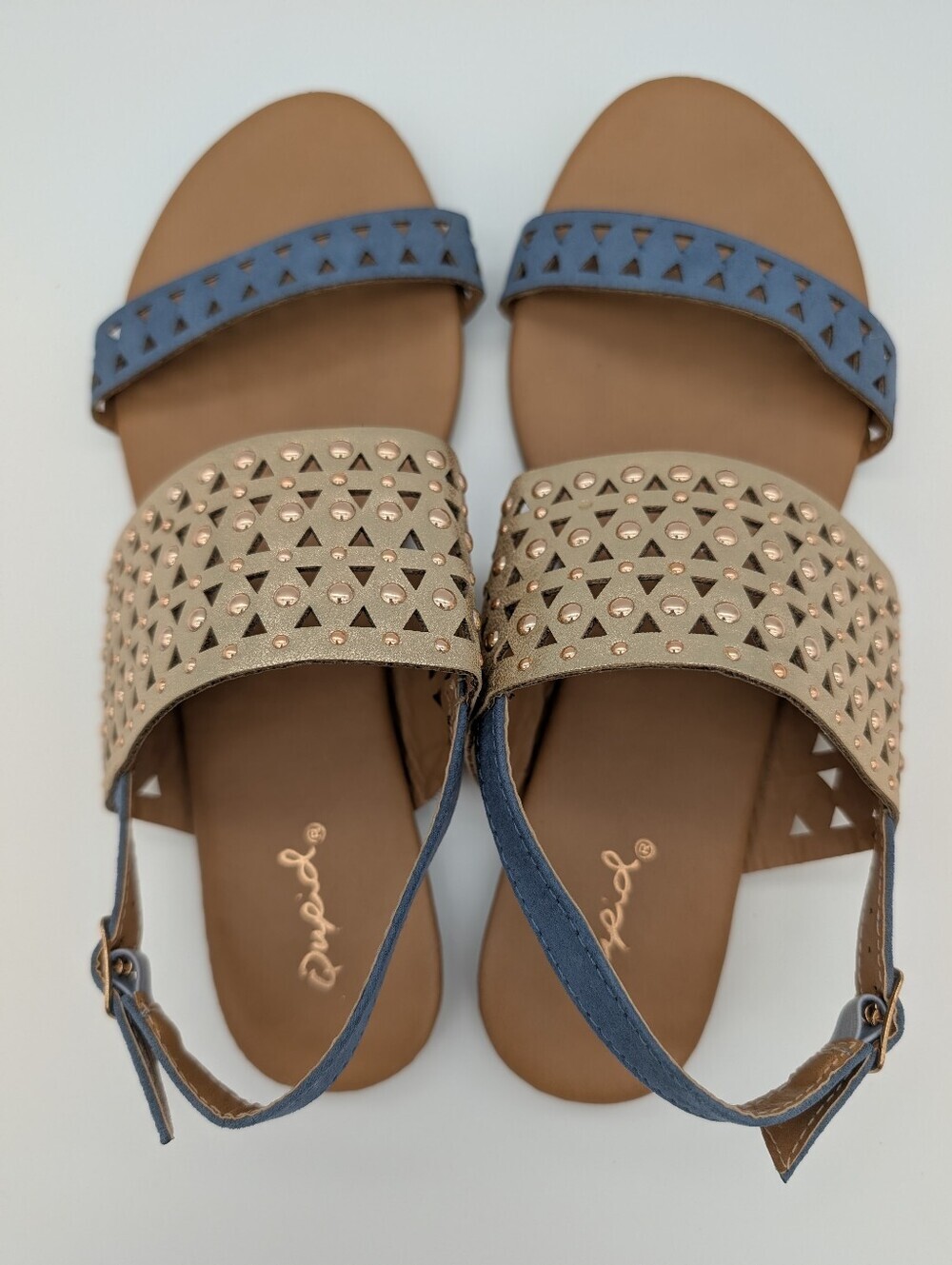 Qupid Geometric Laser Cut Studded Slingback Sandals Blue Metallic Gold - Picture 5 of 9